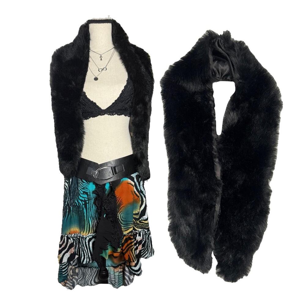 Black Faux Fur Scarf with Velcro Closure | Soft Cozy Winter Wrap One Size